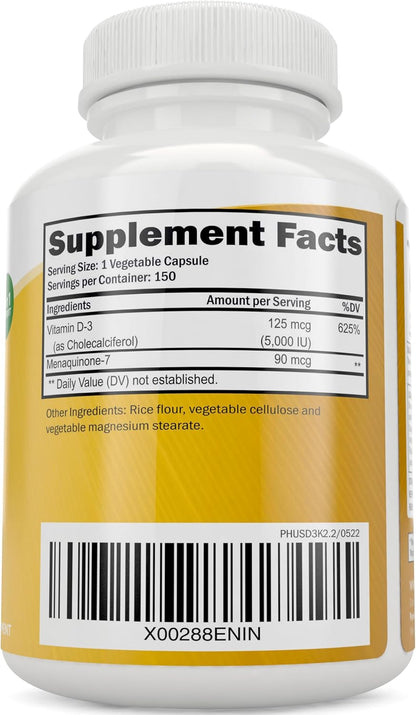 Vitamin D3 K2, 150 Servings, 5000iu D3 + 90mcg K2, Bone & Immune Support - Energy & Heart Health Support, High Absorption & Non-GMO, Once-Daily Vitamin Supplement, 150 D3K2 Capsules (5 Month Supply)