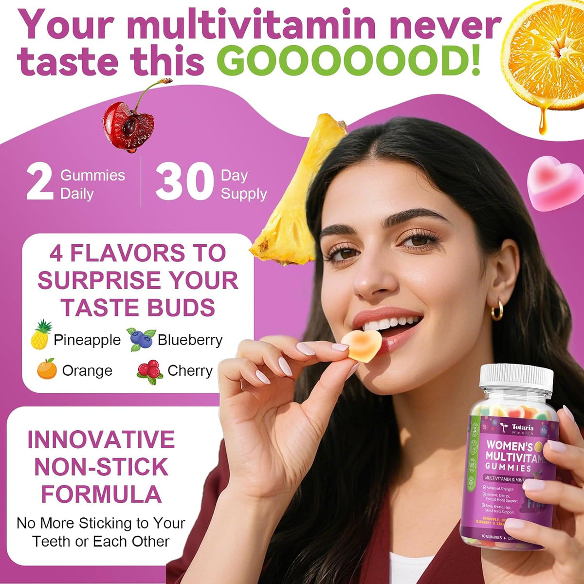 Totaria Sugar Free Womens Multivitamin Gummies with Iron, Women's Multivitamin w/Vitamins C, D3 K2, B12, B6, Filled Gummies for Daily Nutritional Support - Immune Support - Skin Health, Mixed Flavors