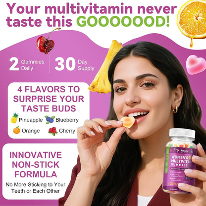 Totaria Sugar Free Womens Multivitamin Gummies with Iron, Women's Multivitamin w/Vitamins C, D3 K2, B12, B6, Filled Gummies for Daily Nutritional Support - Immune Support - Skin Health, Mixed Flavors