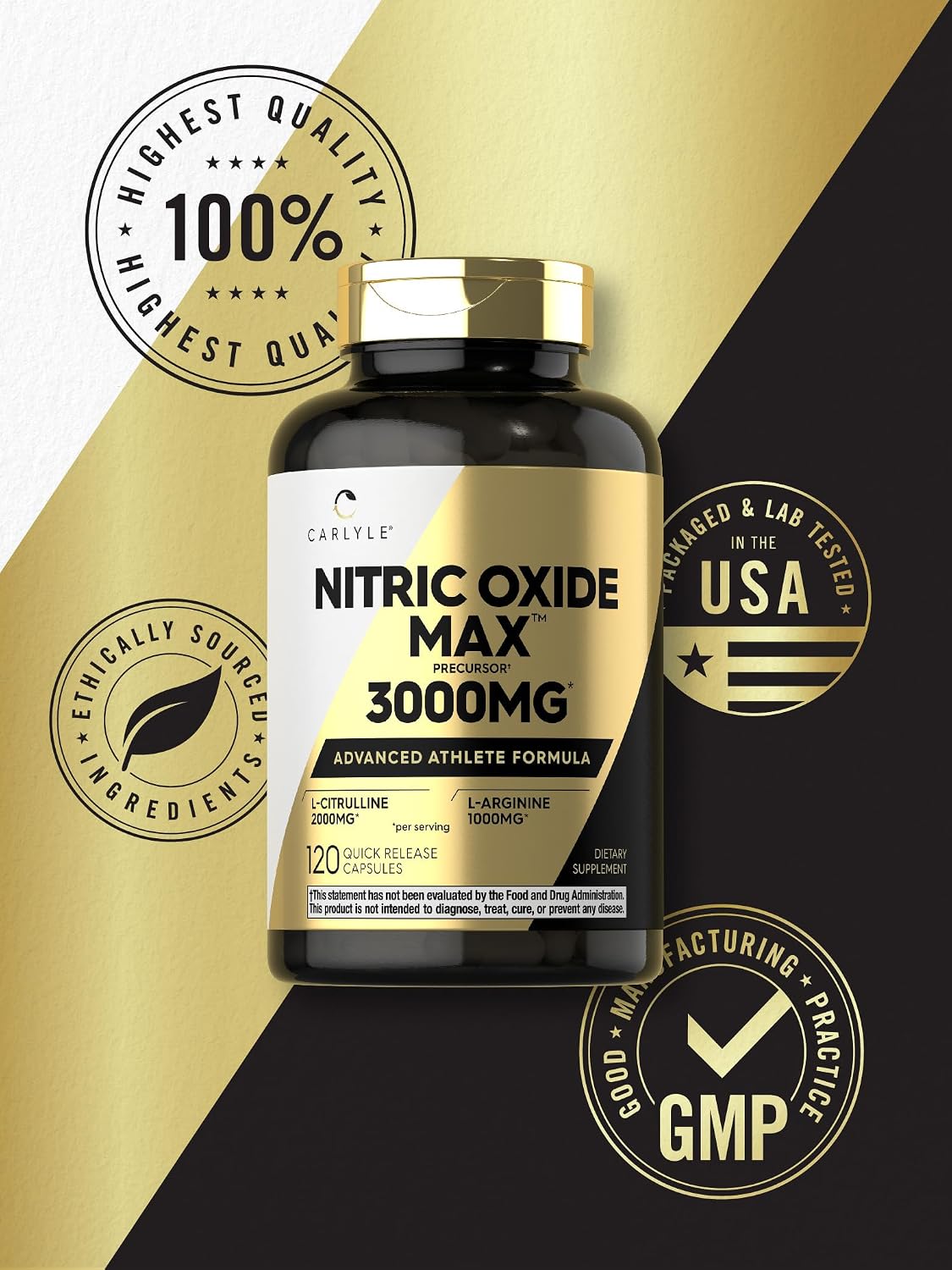 Carlyle Nitric Oxide Supplement 3000mg - 120 Capsules - with L-Arginine & L-Citrulline - For Men & Women - Pre & Post Workout - Non-GMO, Gluten Free