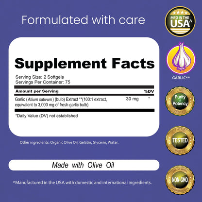NaturaLife Labs Odorless Garlic - Concentrated 100:1 Garlic Extract with Olive Oil - 150 Softgels - Non-GMO, Gluten-Free