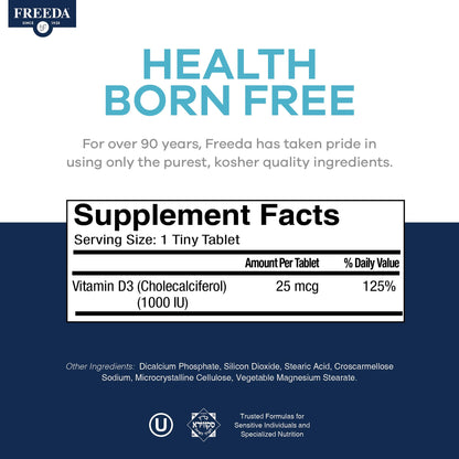 FREEDA Vitamin D3-1000 IU - Pure High Potency Kosher Supplement Tablets - Bone and Muscle Health, Calcium Absorption, Immune Support for Men and Women* - 100 Count - Supports Bone, Muscle & Immune Health - Helps Calcium Absorption - Easy-to-Swallow Tiny T