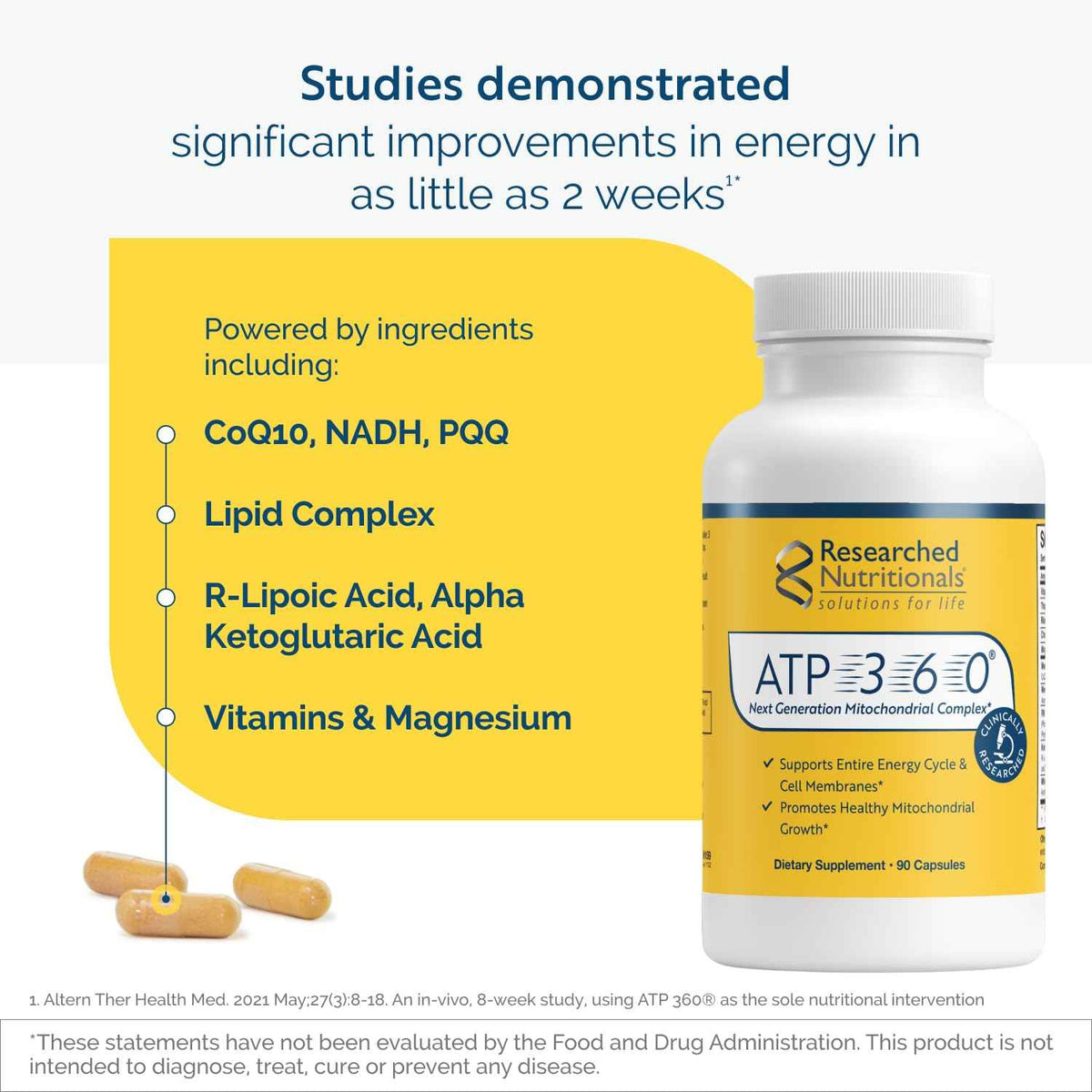 Researched Nutritionals ATP 360 - Mitochondrial Supplements to Support Entire Energy Cycle & Cell Membranes - Clinically Researched ATP Supplements, High Dose CoQ10, R-Lipoic Acid & PQQ, 90 Capsules