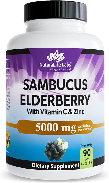 NaturaLife Labs Sambucus Elderberry Capsules - with Vitamin C & Zinc - Immune Support Supplement - 90 Vegan Capsules - Non-GMO & Gluten-Free