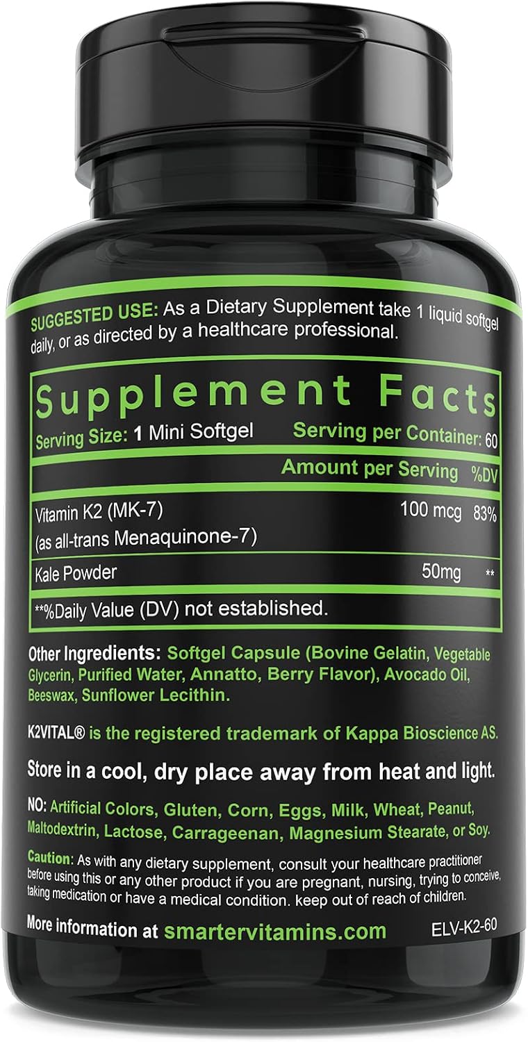 Vitamin K2 MK7 100mcg with K2VITAL for Bone & Heart Support - 60 Softgels - Made with K2VITAL MK-7 and kale powder in convenient liquid softgels for daily vitamin K2 supplementation.