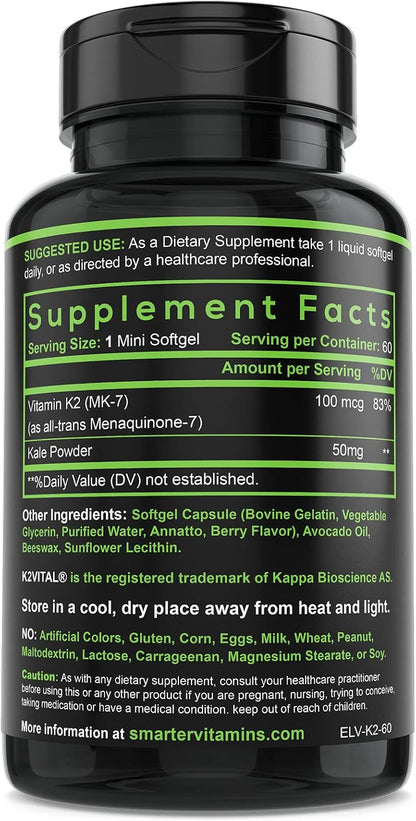 Vitamin K2 MK7 100mcg with K2VITAL for Bone & Heart Support - 60 Softgels - Made with K2VITAL MK-7 and kale powder in convenient liquid softgels for daily vitamin K2 supplementation.