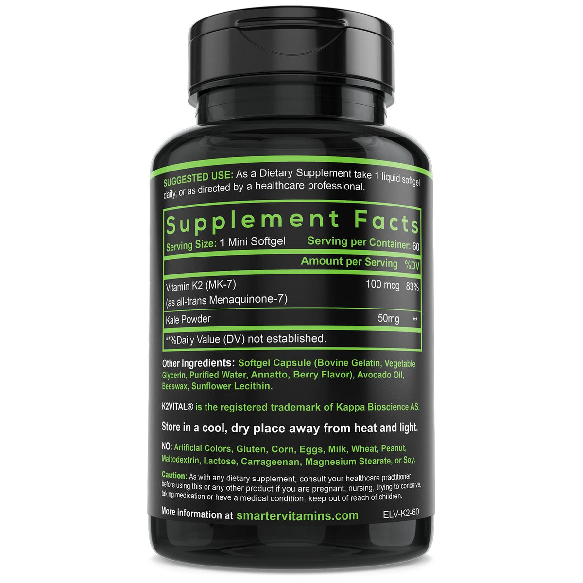 Vitamin K2 MK7 100mcg with K2VITAL for Bone & Heart Support - 60 Softgels - Made with K2VITAL MK-7 and kale powder in convenient liquid softgels for daily vitamin K2 supplementation.