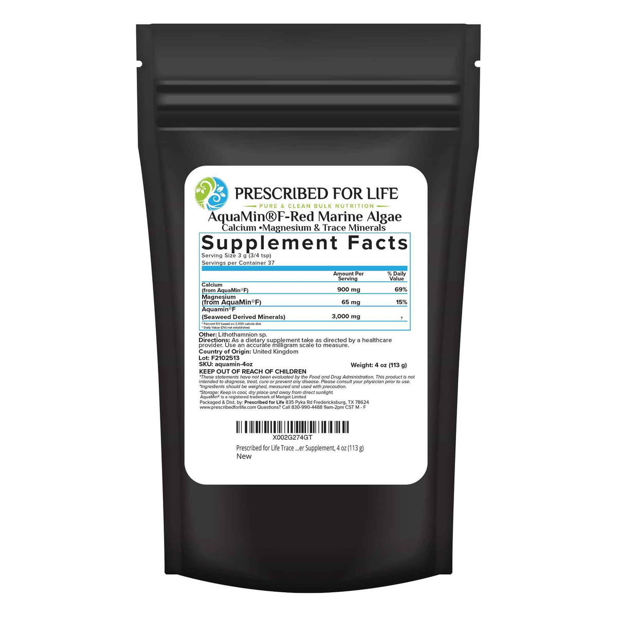 Prescribed for Life Aquamin Powder, Red Marine Algae Supplements, Rich in Plant Based Calcium & Magnesium, 72 Trace Minerals, Non GMO (113g)