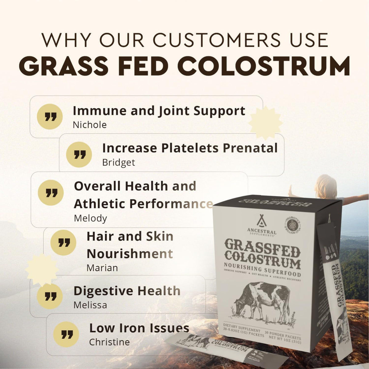 Ancestral Supplements Colostrum Sticks Bundle & Frother Wand - Grass Fed, Pasture Raised Organ Blend with Bioactive Colostrum, Rechargeable Electric Frother Wand (Double Whisk, Stainless Steel)