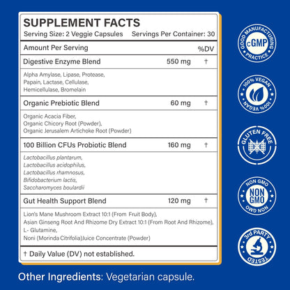 Digestive Enzymes Supplement with 100 Billion CFU Probiotic & Prebiotic - Multi-Enzyme Formula for Women & Men - Supports Digestive & Gut Health, Aids Protein, Carb & Dairy Digestion, 60 Caps