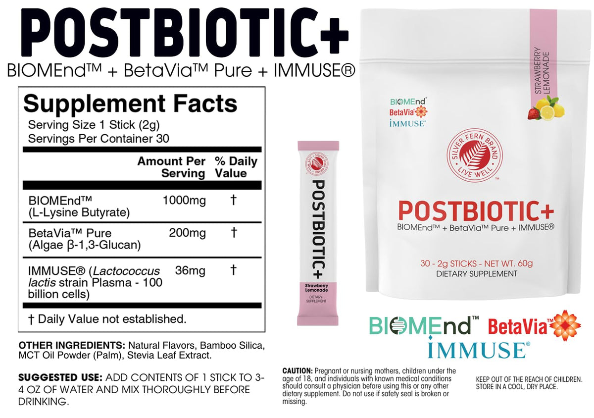 Silver Fern Brand Postbiotic+ Strawberry Lemonade Powder - Postbiotic Supplement with BIOMend, BetaVia, and Immuse - Supports The Digestive System