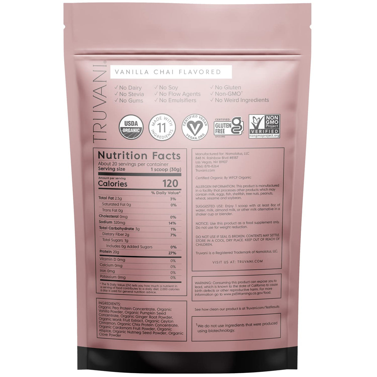 Truvani Organic Vegan Protein Powder Vanilla Chai - 20g of Plant Based Protein, Organic