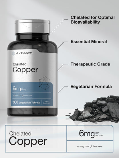 Horbäach Chelated Copper Supplement 6mg - 300 Tablets - Essential Trace Mineral - Vegetarian, Non-GMO, Gluten Free