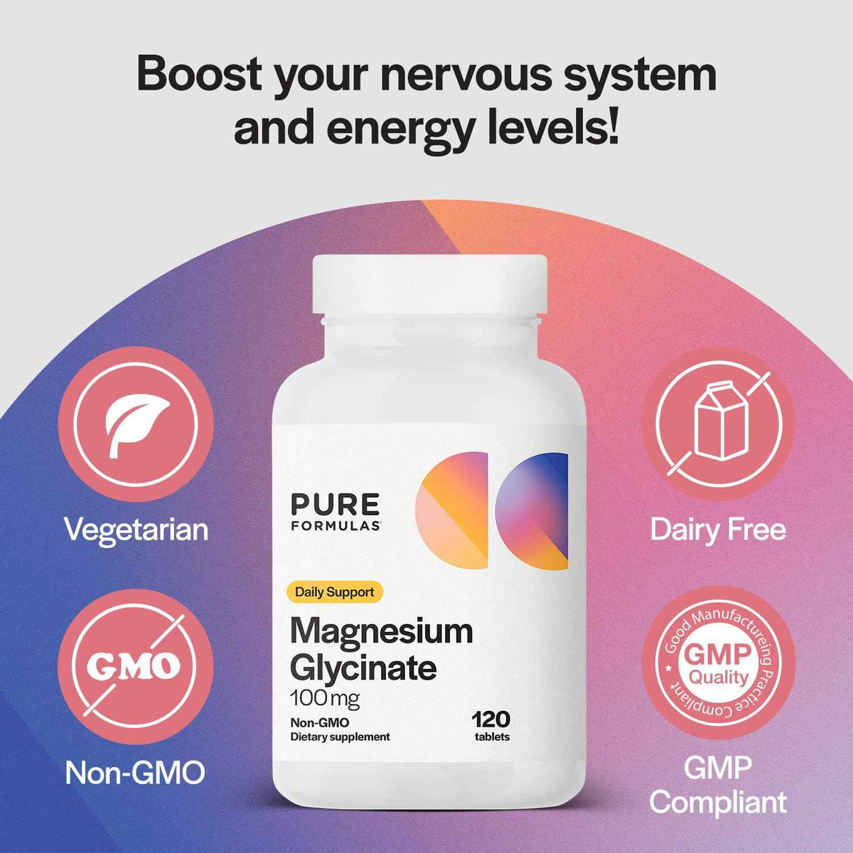 PureFormulas Magnesium Glycinate 100 mg Daily Support for Stress, Nerves, Sleep, Muscles, Metabolism Pure Magnesium Glycinate Supplement for Women and Men Magnesio Non-GMO 120 Tablets