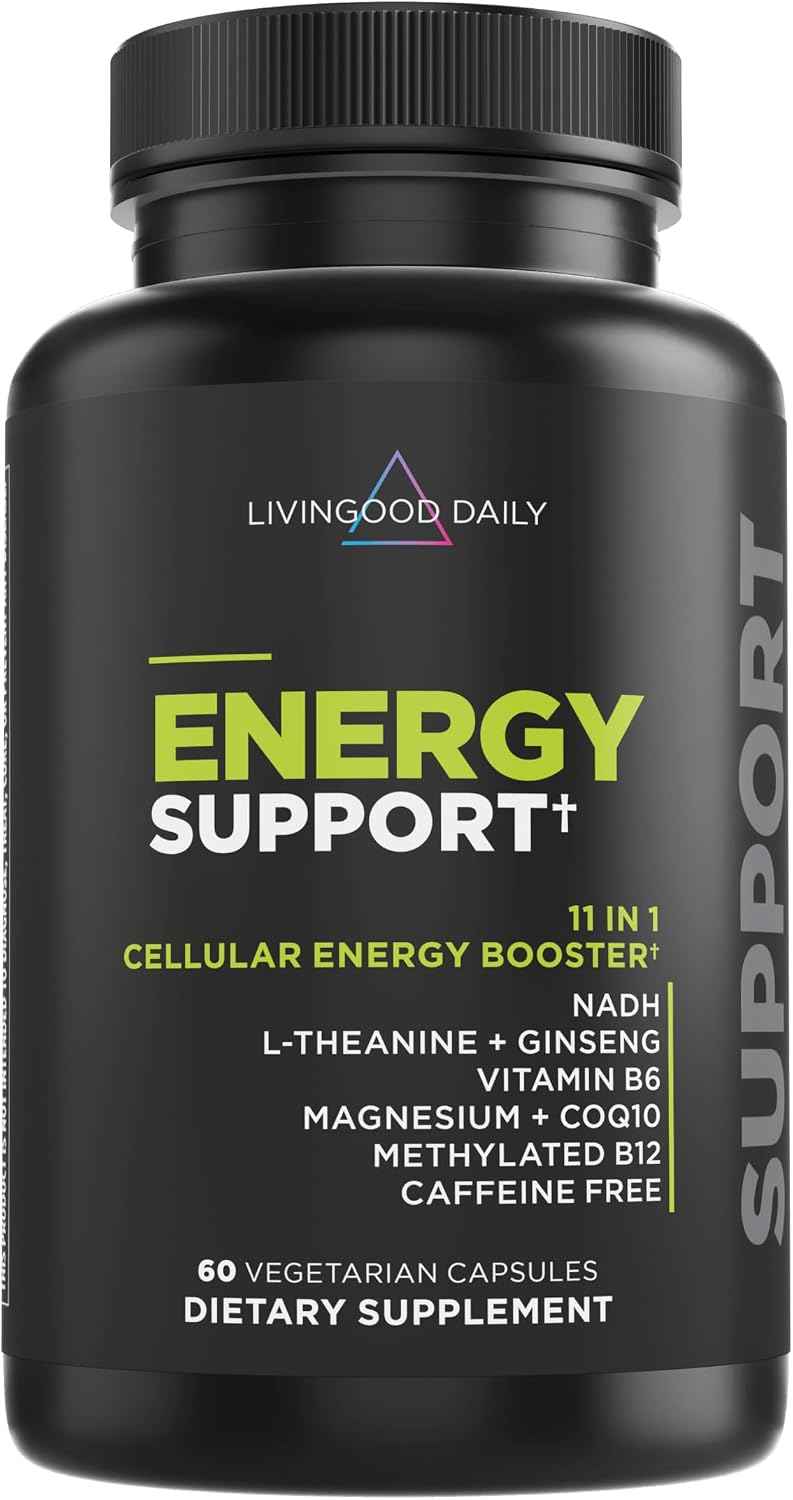 Livingood Daily Energy Support, 11-in-1 Supplement with Magnesium, Vitamin B6, B12, Amino Acids, L Carnitine, CoQ10, Ginseng & L Theanine, Supports Natural Energy for Men & Women, Vegan, 60 Capsules
