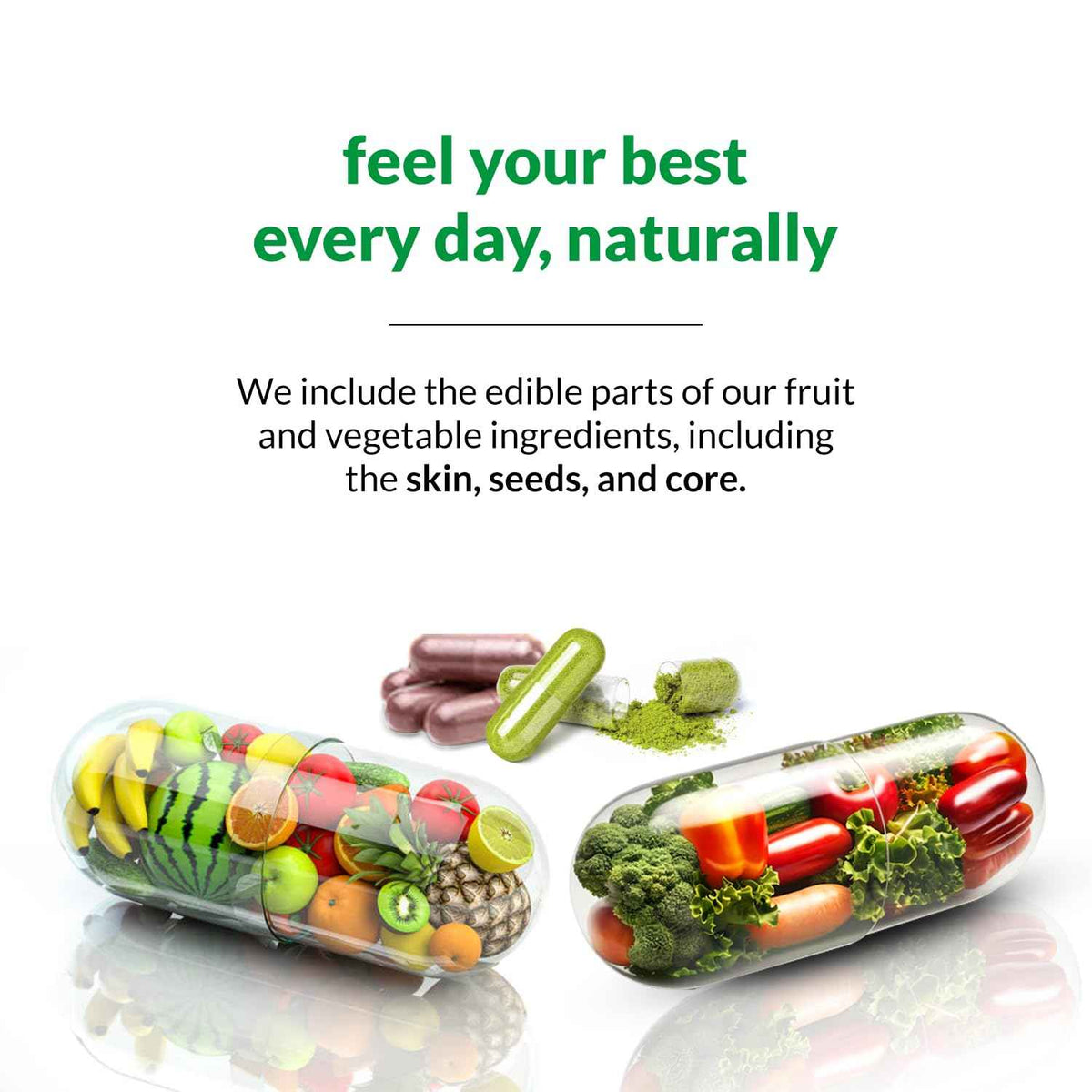 HOMERECORE Whole Food Fruits & Veggies Supplement Plant-Based, Vegan, Gluten-Free, Soy-Free No Fillers Natural Superfoods Boost Energy & Immune System for Men & Women 90 Fruit & 90 Veggie Capsules