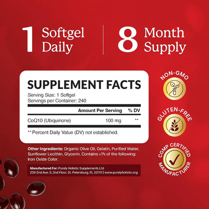 CoQ10 100mg Softgels, Heart Health Support, 8 Month Supply, High Absorption - Coenzyme Q10 for Energy Levels & Vitality Support, Co Q 10 Supplement, Non-GMO, Gluten-Free, 240 Co Q10 Softgels (Once-Daily)