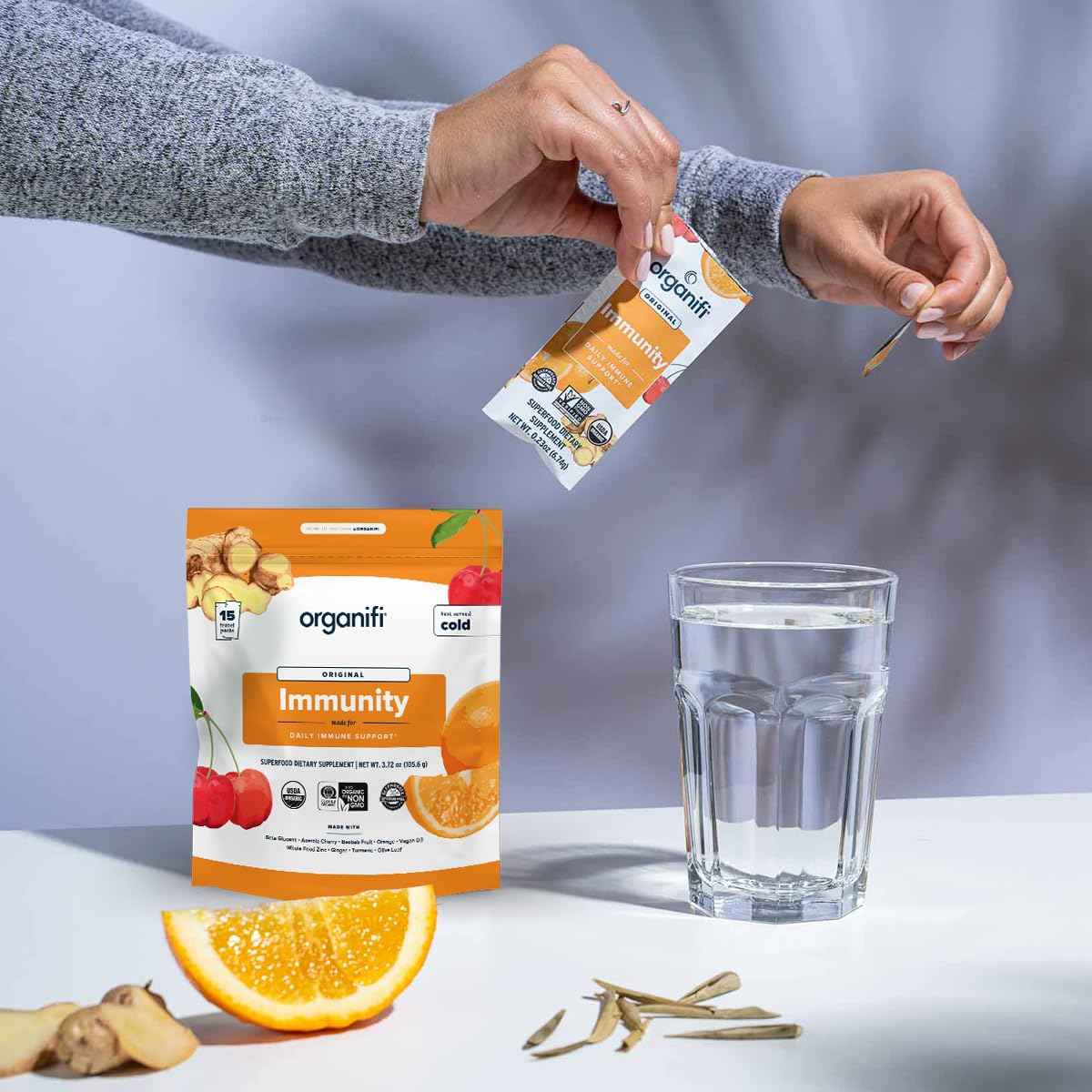 Organifi Immunity - Organic Superfood Immunity Support - 15 Single Serve Packets - Immunity Powder for T Cell Production and Upper Respiratory Health - Mushroom Beta Glucans, Vitamin C, D and Zinc