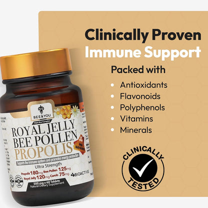 Bee and You Royal Jelly Tablet, Propolis Extract, Bee Pollen, 100% Natural Superfood, Ultra Pure, Immune Support Supplement, Improve Energy, Focus, Antioxidants, Fresh, Keto, Paleo, Gluten-Free - 60ct