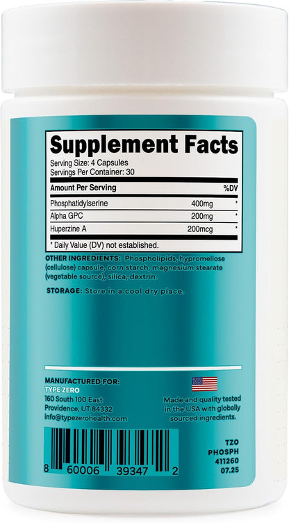 Type Zero Phosphatidylserine+ (400mg) 120 Capsules, 30 Servings - With Huperzine A + Alpha GPC, 3X Strength Nootropics Brain Support Supplement, Clean Focus & Memory