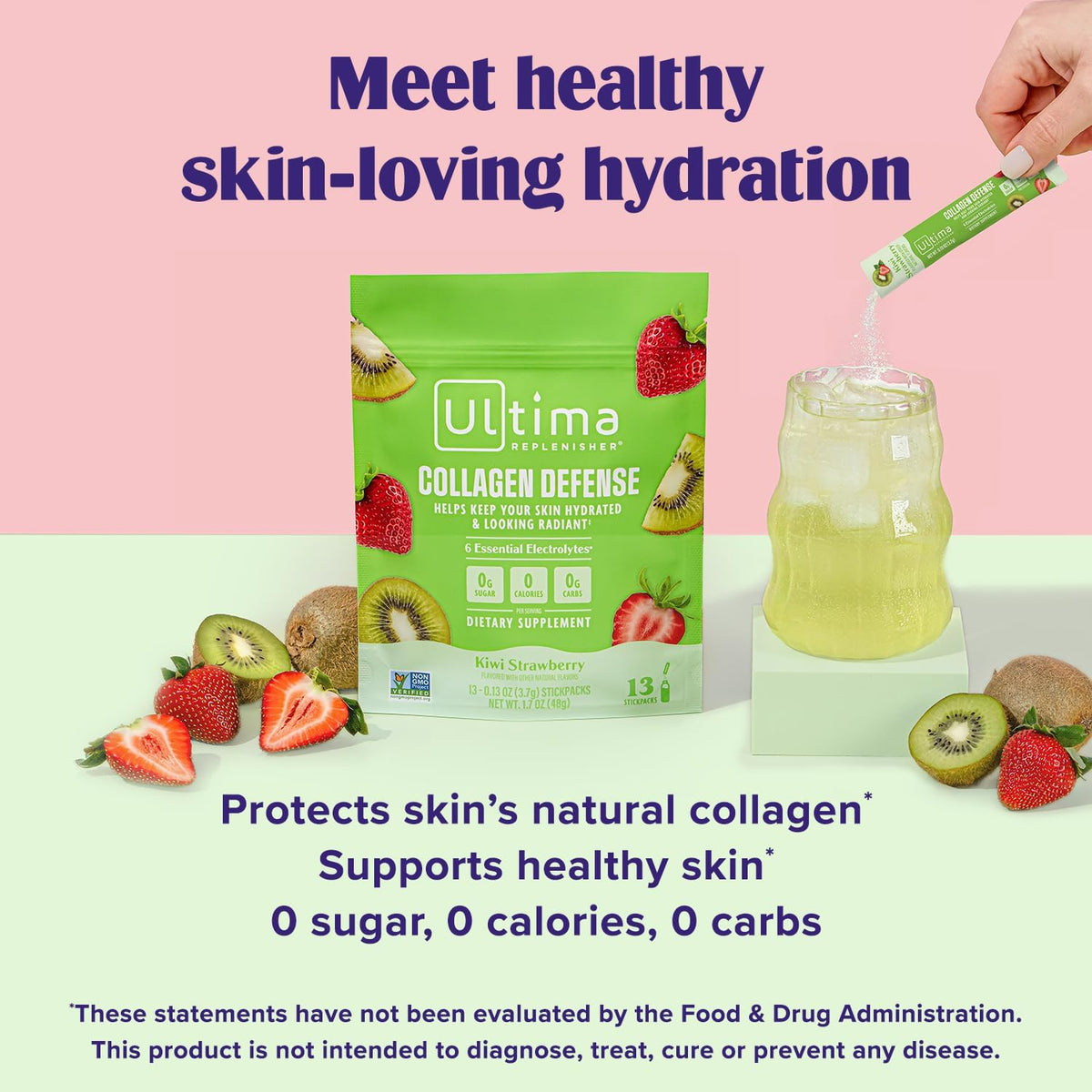 Ultima Replenisher Collagen Defense, Kiwi Strawberry, 13 Stickpacks - Daily Zero Sugar Supplement & Electrolyte Powder Hydration Packets with 6 Key Electrolytes, Dermaval & Biotin for Skin Health