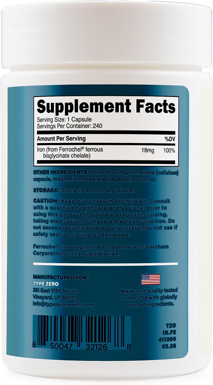 Type Zero Iron Chelate (18mg) 240 Capsules, Gluten-Free, GMO-Free - From Ferrochel Ferrous Bisglycinate Chelate