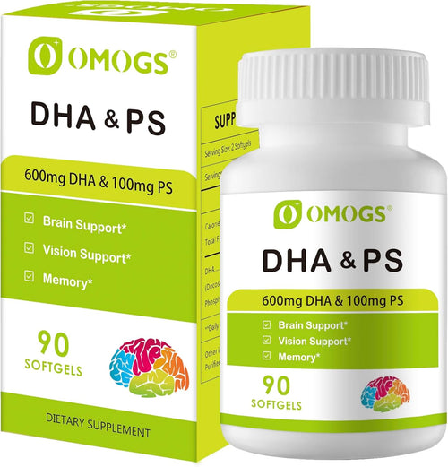 OMOGS Algae DHA - 600 mg Omega-3 DHA Softgels, with Phosphatidylserine & Walnut Oil, Supports Healthy Brain Function, Vision, Eye & Memory, Gluten Free, Non-GMO, 90 Softgels