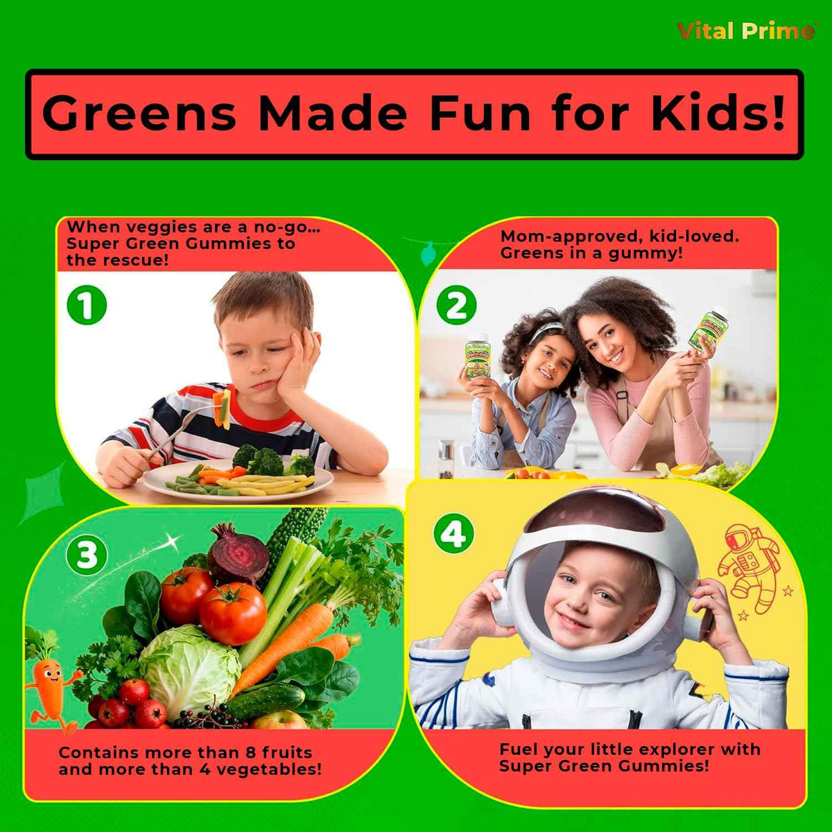 FourRoar Vital Prime Super Green Gummies for Kids 90 Count Strawberry & Watermelon Flavor - Fruit and Vegetable Gummies - Vegan Veggies Gummy Multivitamin for Kids