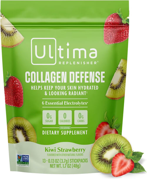 Ultima Replenisher Collagen Defense, Kiwi Strawberry, 13 Stickpacks - Daily Zero Sugar Supplement & Electrolyte Powder Hydration Packets with 6 Key Electrolytes, Dermaval & Biotin for Skin Health