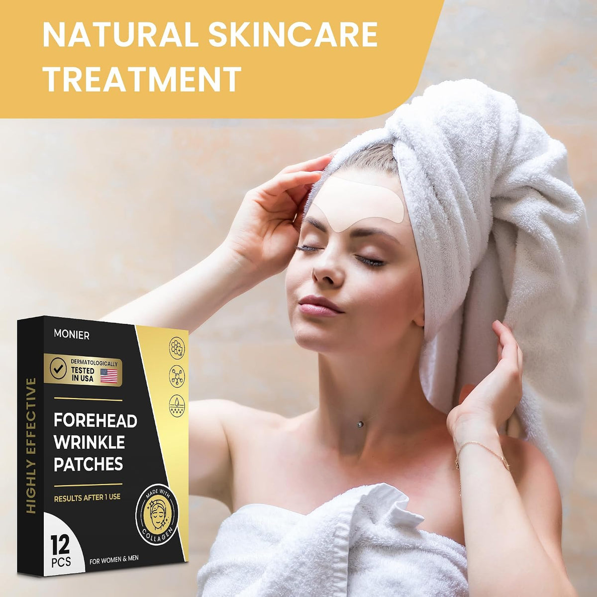 MONIER Forehead Wrinkle Patches Smoothing Overnight - Anti Wrinkle Patches - For Face And Forehead Fine Lines & Frown Lines, With Aloe, Collagen, Vitamin E, Hyaluronic Acid, 12 Pcs
