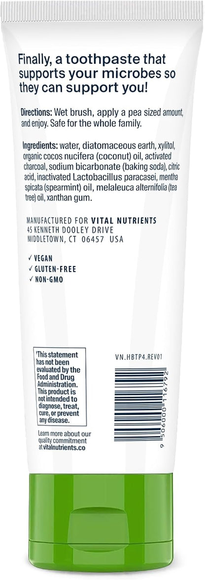 Vital Nutrients Hyperbiotics Activated Charcoal Probiotic Toothpaste - Supports Healthy Mouth Flora, Fresher Breath, Whiter Teeth - Spearmint Flavor - Non-GMO - Gluten, Dairy, Soy Free - 4 oz