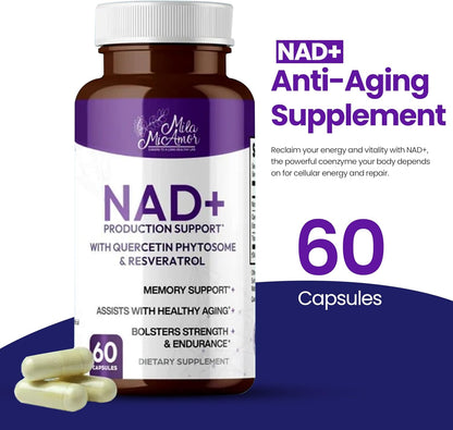 Mila Miamor NAD+ for Cellular Energy & Anti-Aging Supplement - Boost Focus, Vitality & Mitochondrial Function - Supports DNA Repair, Brain Health & Endurance - Non-GMO, Gluten-Free - 60 Capsules