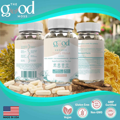 Trinity Blend Superfood -Sea Moss, Bladderwrack and Burdock Root Supplement for Overall Health Support, Hair, Skin and Nails 60ct