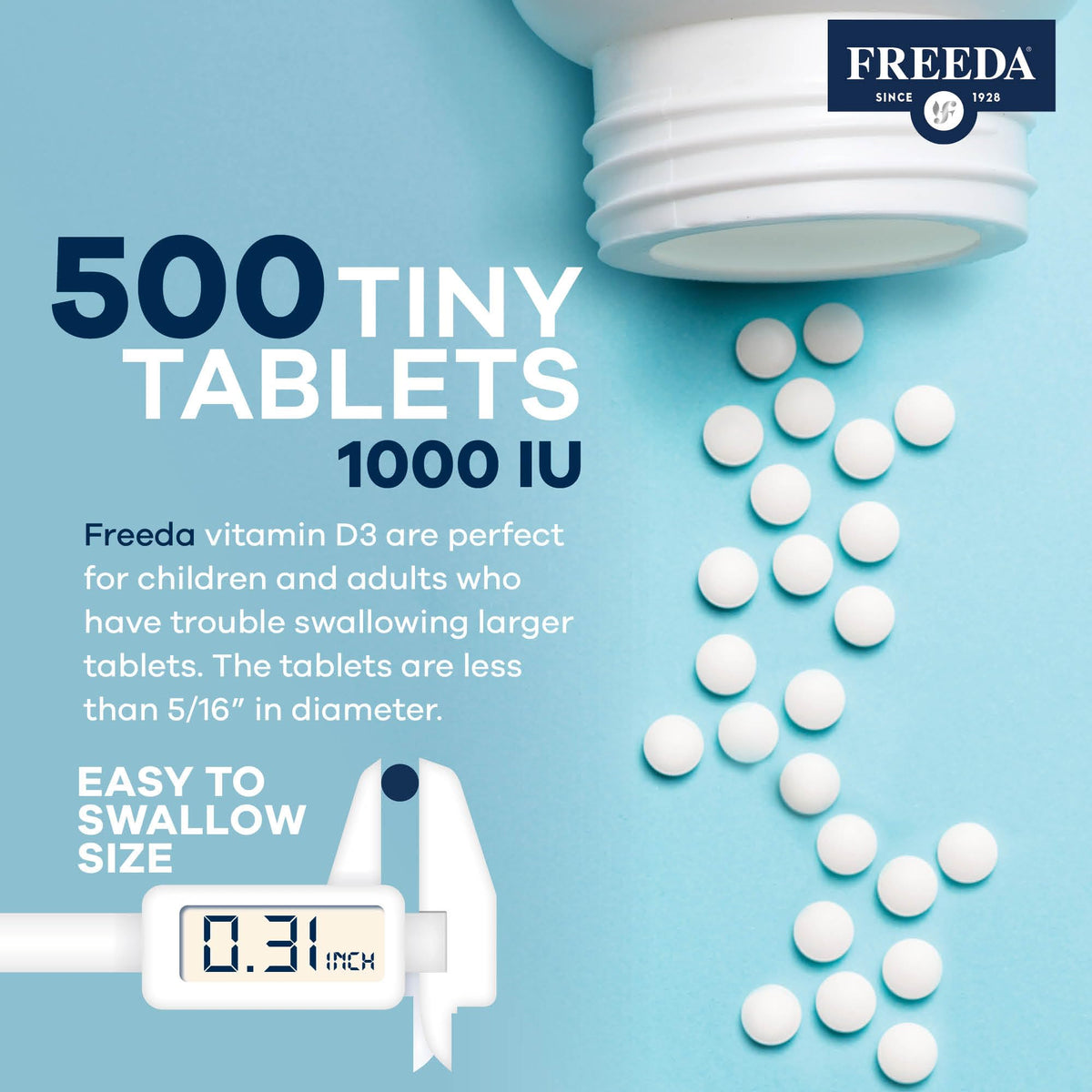 FREEDA Vitamin D3-1000 IU - Pure High Potency Kosher Supplement Tablets - Bone and Muscle Health, Calcium Absorption, Immune Support for Men and Women* - 100 Count - Supports Bone, Muscle & Immune Health - Helps Calcium Absorption - Easy-to-Swallow Tiny T