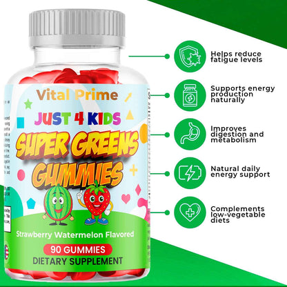FourRoar Vital Prime Super Green Gummies for Kids 90 Count Strawberry & Watermelon Flavor - Fruit and Vegetable Gummies - Vegan Veggies Gummy Multivitamin for Kids