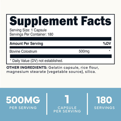 Type Zero Colostrum Supplement (500mg) 180 Capsules, Bovine Sourced - Gluten-Free, GMO-Free