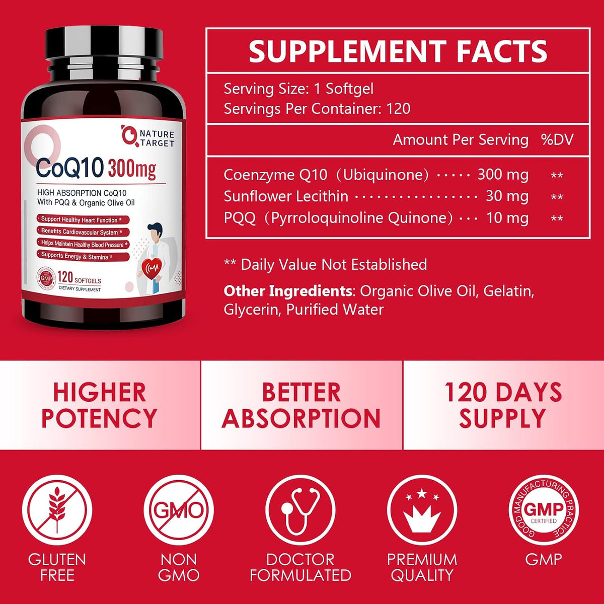 NATURE TARGET CoQ10-300mg-Softgels + PQQ with Organic-Olive-Oil - High Absorption-Coenzyme-Q10 - Antioxidant-for-Heart-Health and Immune Support, Energy Production, 120 Servings - High Absorption Coenzyme Q10 with BioPerine, Antioxidant for Heart, Brain
