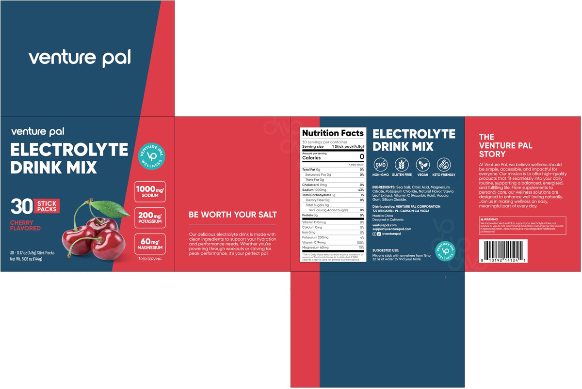 Venture Pal High Sodium Sugar Free Electrolytes Powder Packets, 16 Count - Hydration Packets with Sodium, Magnesium & Potassium, Vitamins, Zero Calories, Vegan, Keto & Paleo Friendly