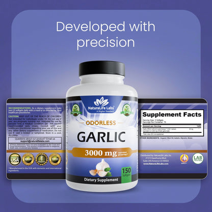 NaturaLife Labs Odorless Garlic - Concentrated 100:1 Garlic Extract with Olive Oil - 150 Softgels - Non-GMO, Gluten-Free