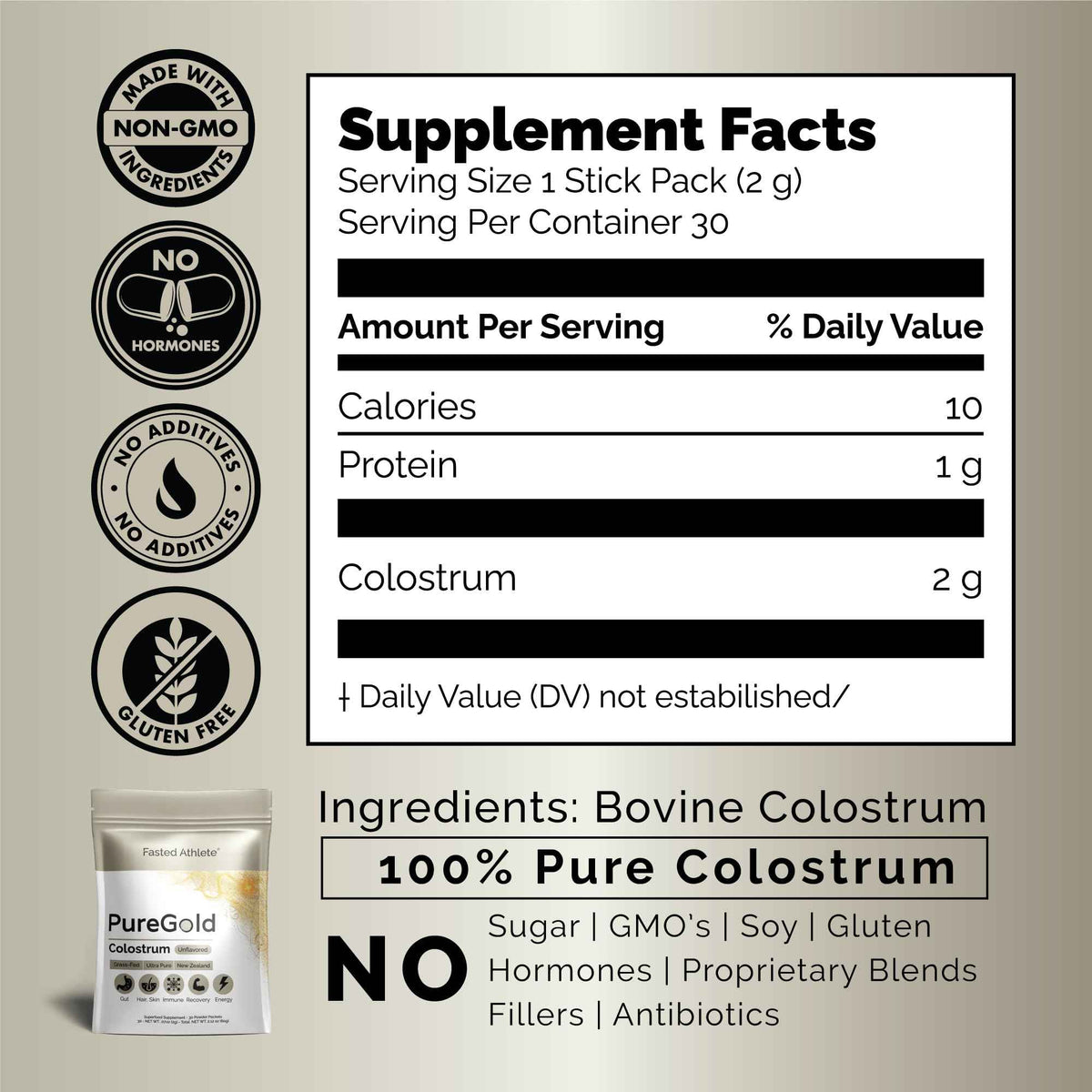 PureGold - Bovine Colostrum Powder - 100% Pure New Zealand Grass Fed, Supports Gut Health, Skin, Hair, & Immunity - Colostrum Supplement, Unflavored, 30 Travel Packets