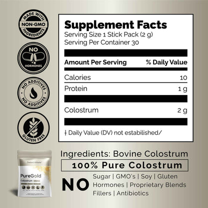 PureGold - Bovine Colostrum Powder - 100% Pure New Zealand Grass Fed, Supports Gut Health, Skin, Hair, & Immunity - Colostrum Supplement, Unflavored, 30 Travel Packets