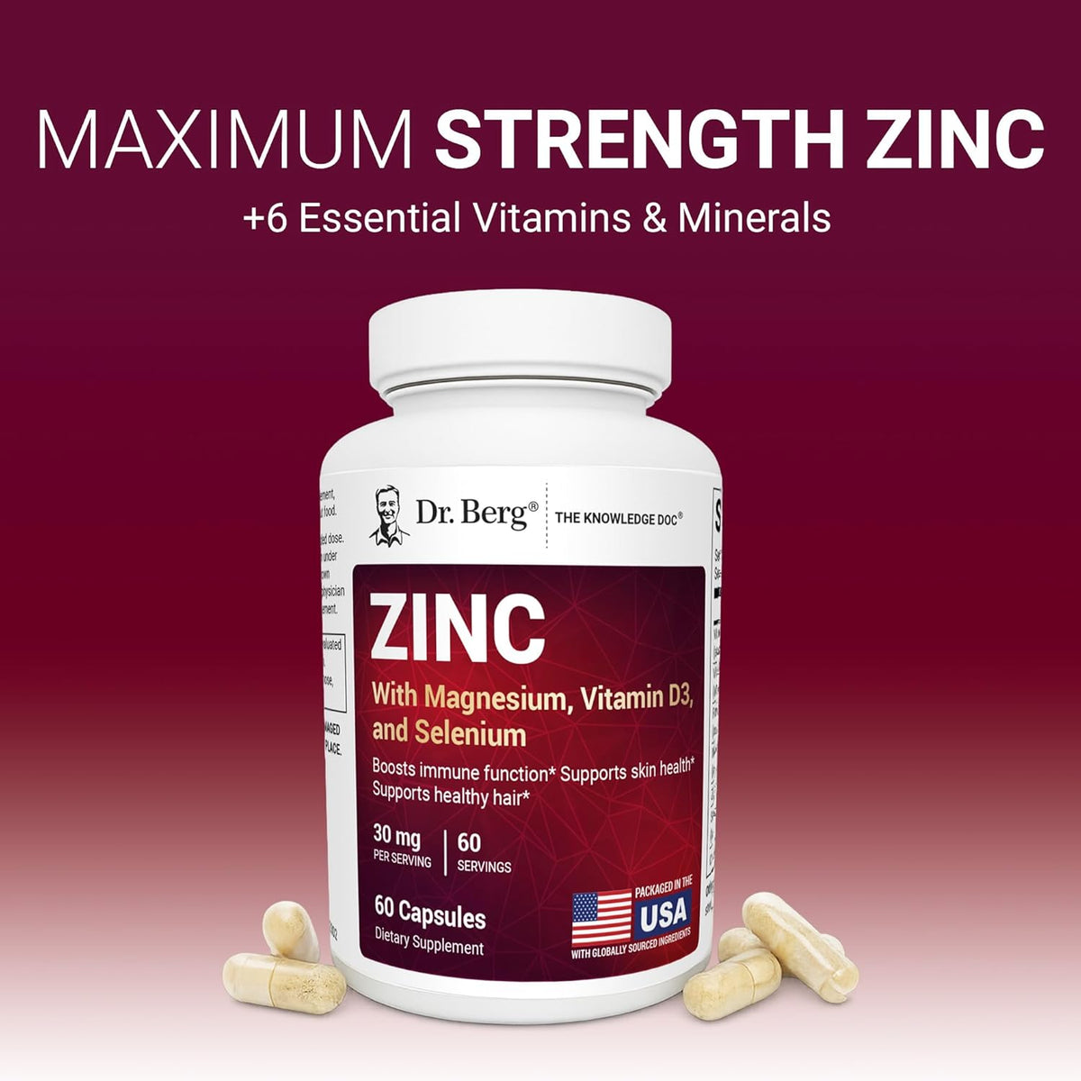 Dr. Berg Zinc 30 mg (60 Capsules) - High Potency 7-in-1 Immune Support Formula - Chelated Zinc with Vitamin D & Selenium for Healthy Skin, Hair & Daily Wellness - No Fillers, 4X Tested*