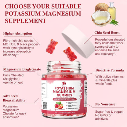 (2 Pack) Magnesium Potassium Supplement Gummies with Whole Food Calcium - New Formula Calm Magnesium & Plant Potassium Plus Chia Seed, D3, K2 & Calcium for Sleep, Leg Cramps & Muscle -Vegan, 60 Count
