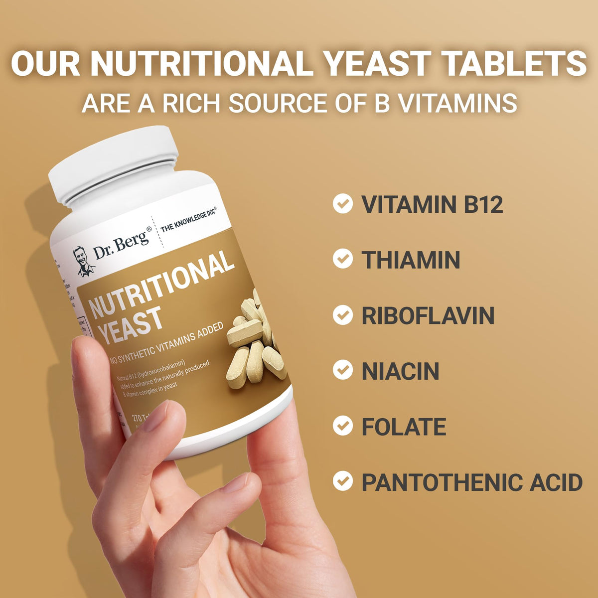 Dr. Berg Nutritionals Yeast Tablets - Natural B12 Added - All 8 B Vitamin Complex - Organic Vanilla Flavor - 270 Vegan Tablets Dietary Supplements