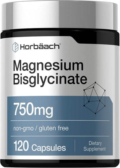 Horbäach Magnesium Bisglycinate - 120 Capsules - 750mg - Non-GMO and Gluten Free Supplement