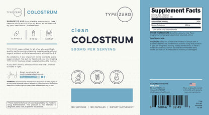 Type Zero Colostrum Supplement (500mg) 180 Capsules, Bovine Sourced - Gluten-Free, GMO-Free