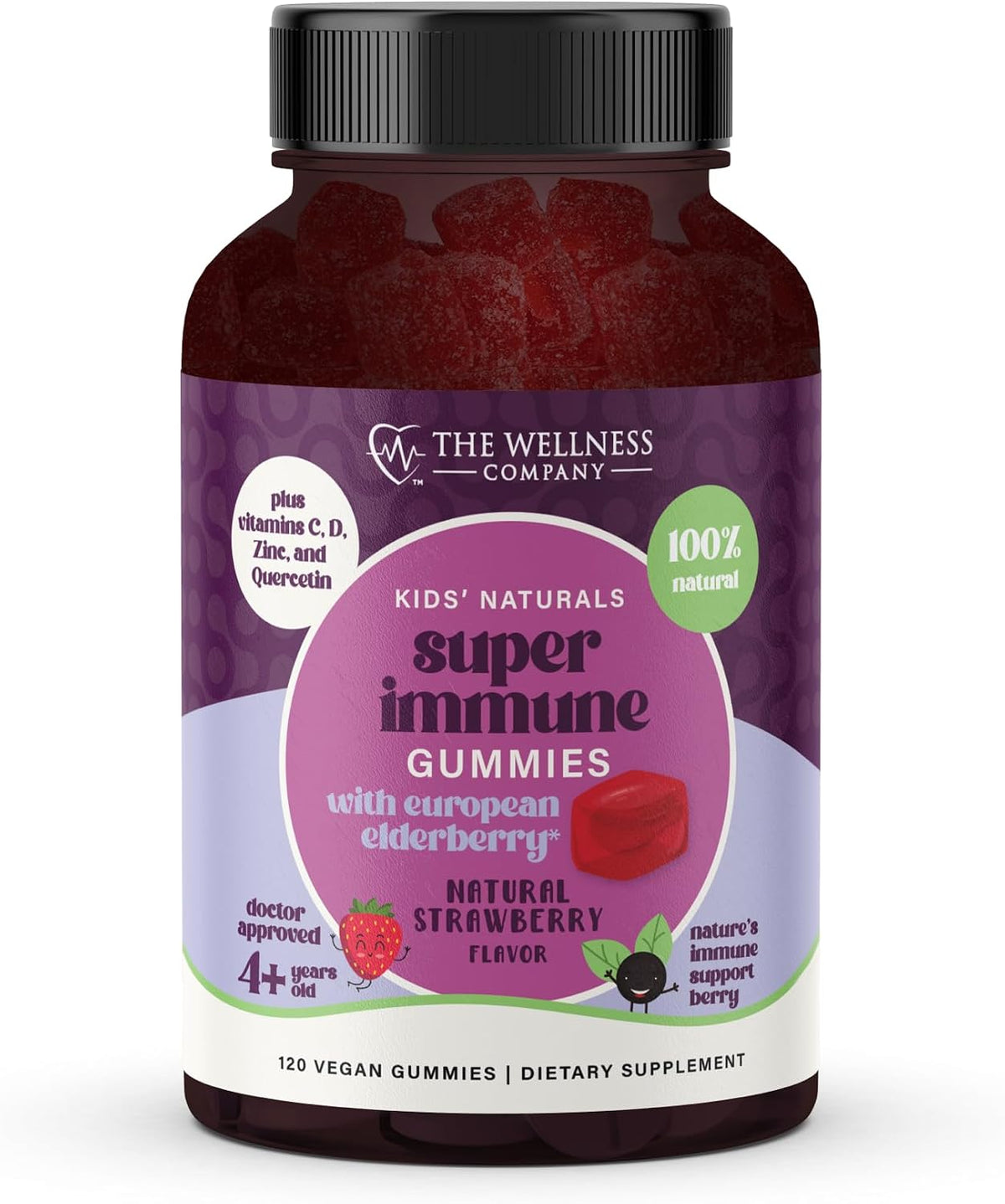 Kids Naturals Elderberry Gummies - Immune Support with Vitamin C & Zinc - 120ct (2 Month Supply)