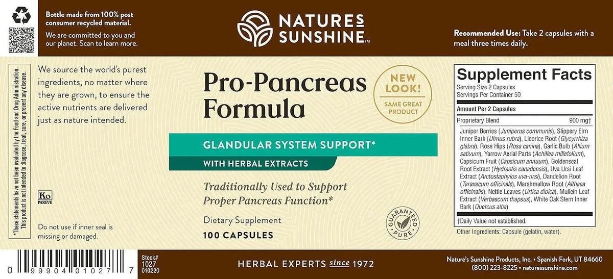 Nature's Sunshine Pro-Pancreas, 100 Capsules, Kosher - Herbal Formula Enhances Digestion, Promotes Immunity, and Helps the Liver and Pancreas