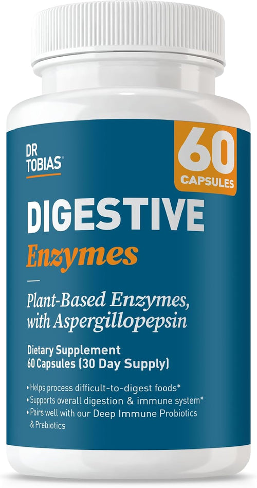 Dr. Tobias Digestive Enzymes 18-Enzyme Blend 60 Caps - Digestive Support - Take at Meal-Time - Enzymes for Digestion - Amylase + Lipase + Lactase - Digest Proteins, Fats, Carbs & Dairy - 30 Servings