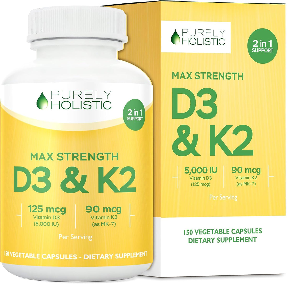 Vitamin D3 K2, 150 Servings, 5000iu D3 + 90mcg K2, Bone & Immune Support - Energy & Heart Health Support, High Absorption & Non-GMO, Once-Daily Vitamin Supplement, 150 D3K2 Capsules (5 Month Supply)